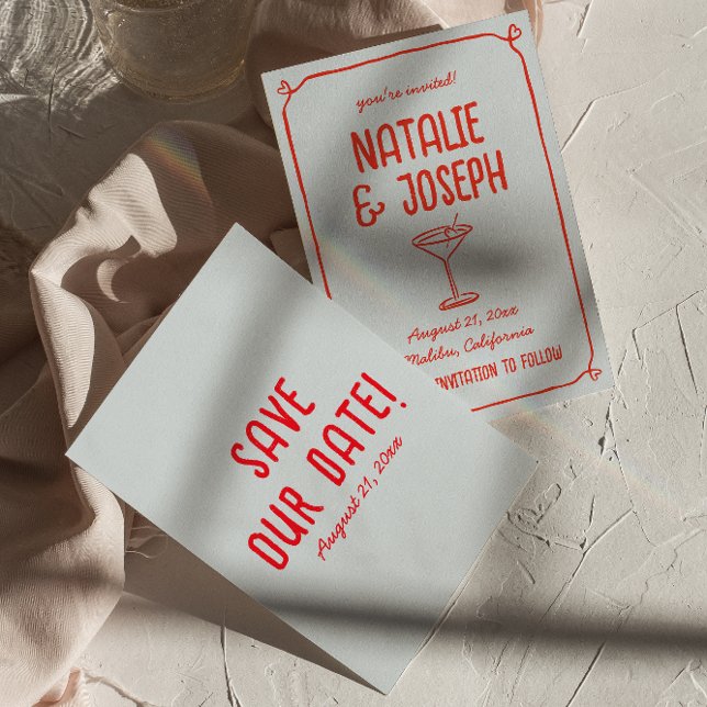 Retro Hand Drawn Red Blue Cocktail Funky Wedding Save The Date (Von Creator hochgeladen)