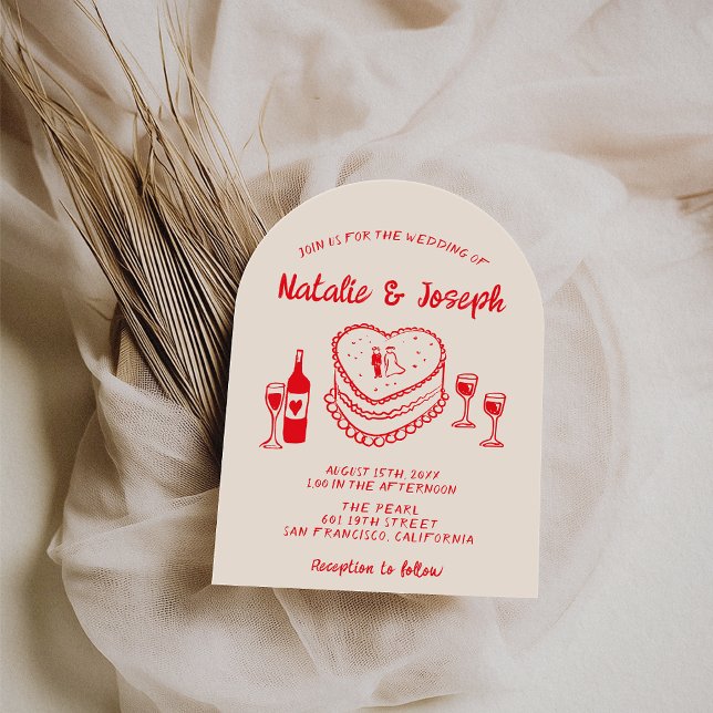 Retro Hand Drawn Red Cake Modern Arched Wedding Einladung (Von Creator hochgeladen)