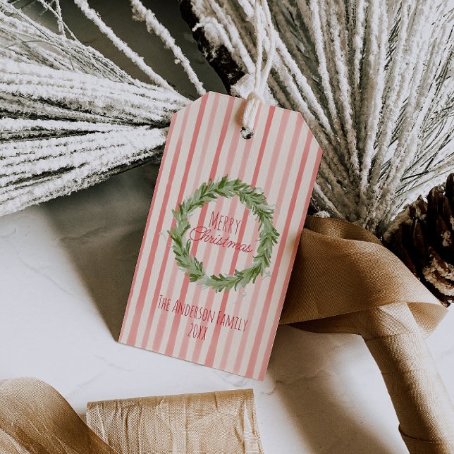 Retro Hand Drawn Red Green Frohe Weihnachtskranz Geschenkanhänger (Von Creator hochgeladen)