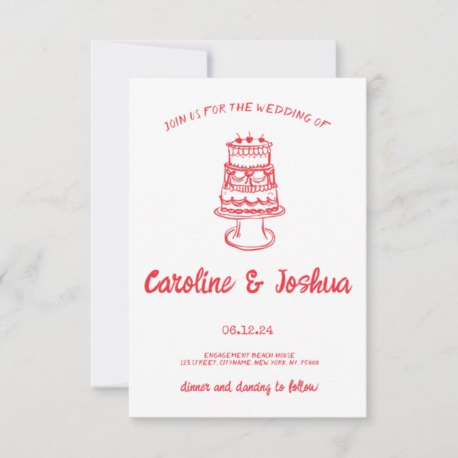 Retro Hand Drawn Red Quirky Cake Modern Wedding Dankeskarte (Vorderseite)