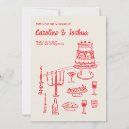 Retro Hand Drawn Red Quirky Cake Modern Wedding Einladung