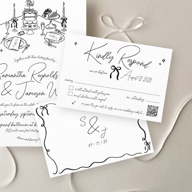 Retro Hand Drawn Scribble Black & White Wedding RSVP Karte (Minimalist retro black and white hand drawn bow scribble doodle qr code wedding invitation rsvp card)