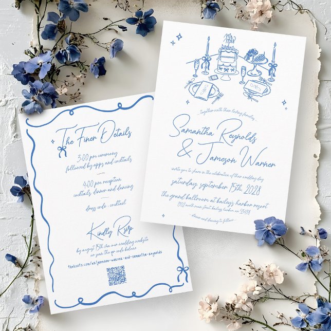Retro Hand Drawn Scribble Blue & White Wedding Einladung (Modern minimalist hand drawn handwritten quirky blue and white scribbles doodles wedding invitation)