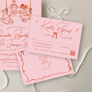 Retro Hand Drawn Scribble Pink & Red Wedding RSVP Karte