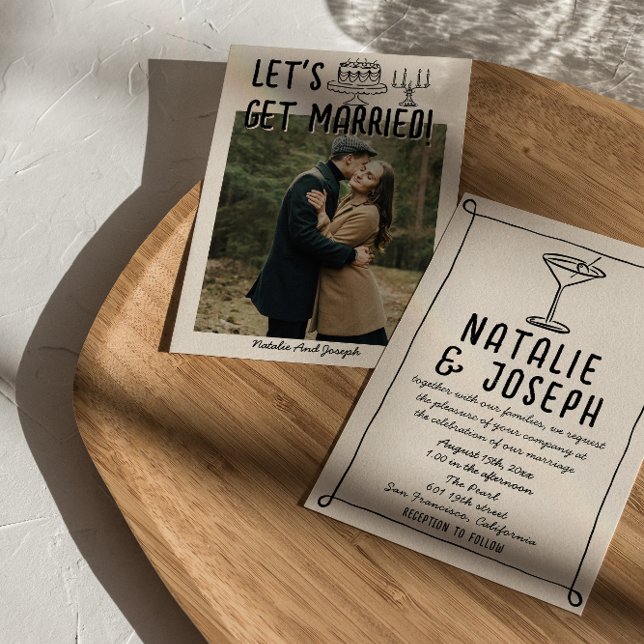 Retro Hand Drawn Writing Cocktail Foto Hochzeit Einladung (Von Creator hochgeladen)