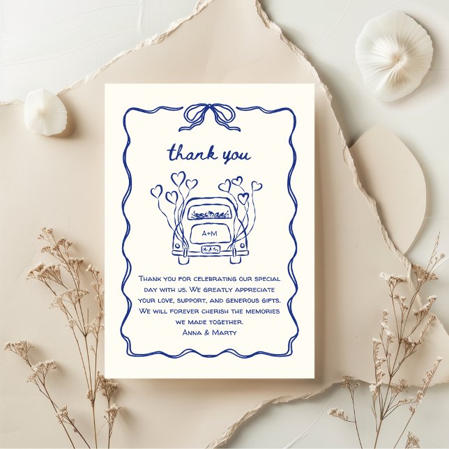 Retro Hand gezeichnet Blue Einzigartiges Bow Weddi Dankeskarte (vintage retro hand drawn wedding thank you card, blue, funky, quirky)