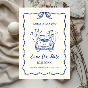Retro Hand gezeichnet Blue Einzigartiges Bow Weddi Save The Date