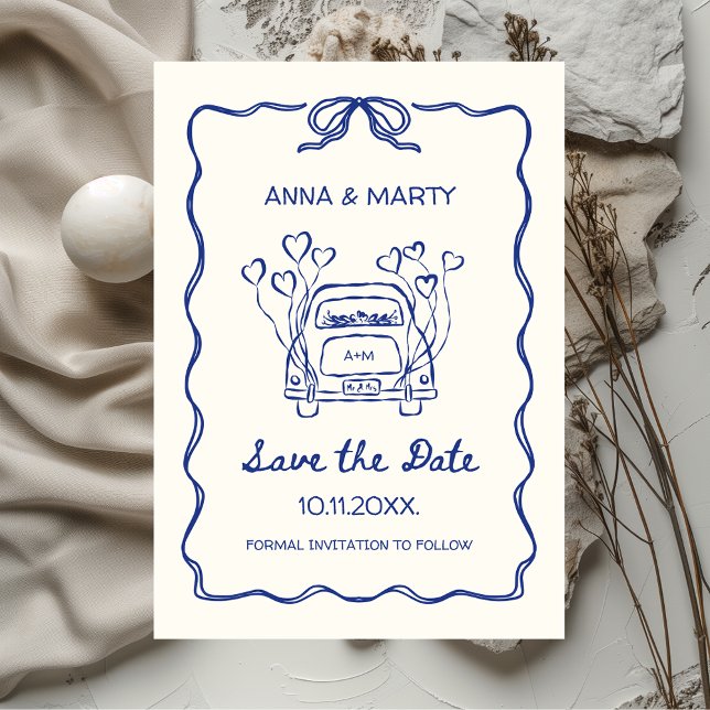 Retro Hand gezeichnet Blue Einzigartiges Bow Weddi Save The Date (Blue French Vintage Hand-drawn Wedding Save the Date Unique Funky Retro Whimsical Printable)