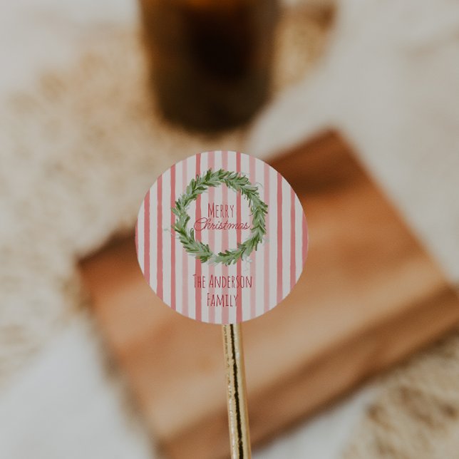 Retro Hand gezeichnet Grünen Weihnachtskranz Runder Aufkleber (Von Creator hochgeladen)