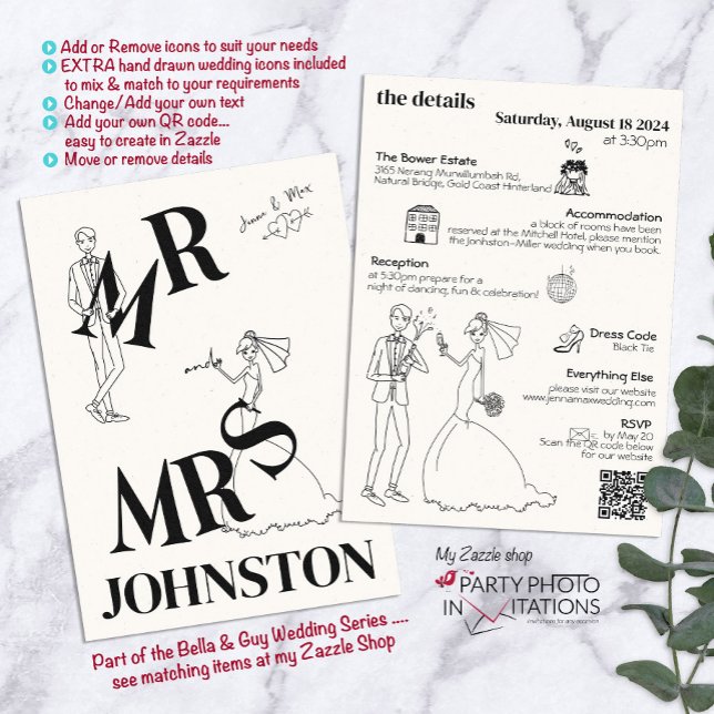 Retro Hand Gezeichnet Quirky Wedding Einladung (Bella and Guy Invitation Suite.)
