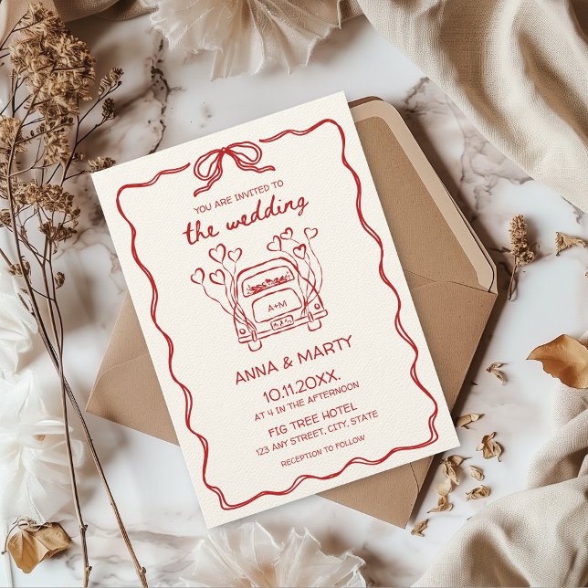 Retro Hand gezeichnet Red Unique Bow Wedding Car Einladung (The wedding invitation hand illustrated quirky funky whimsical red hand drawn bow french vintage)