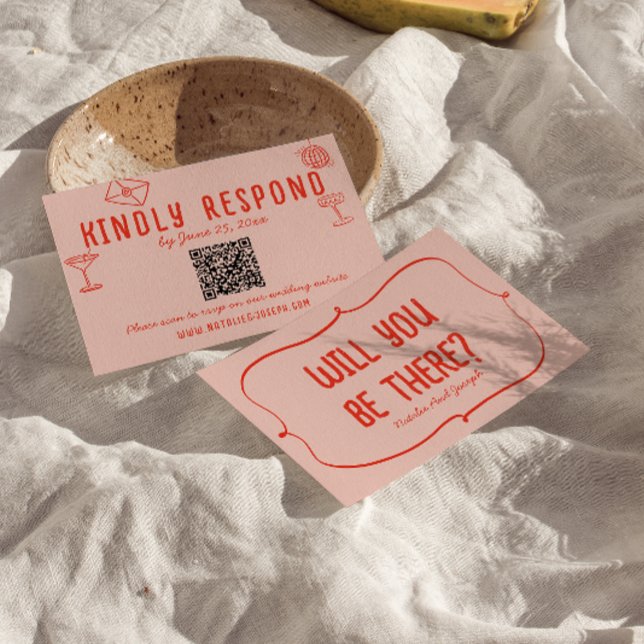 Retro Hand gezeichnet rosa rosa Einzigartiger QR C RSVP Karte (Von Creator hochgeladen)