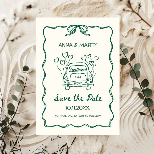 Retro Hand gezeichnet Sage Green Einzigartiges Bow Save The Date (Unique Funky Quirky Hand-drawn Green Save the Date with Hand-illustrated Wedding Car and handwriting)