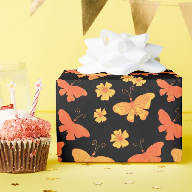Retro Hand Gezeichnet Schmetterlingsmuster Orange  Geschenkpapier (Geburtstagsparty)