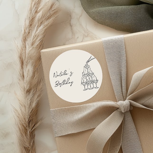 Retro Hand gezeichnete Champagner Tower Geburtstag Runder Aufkleber (Von Creator hochgeladen)