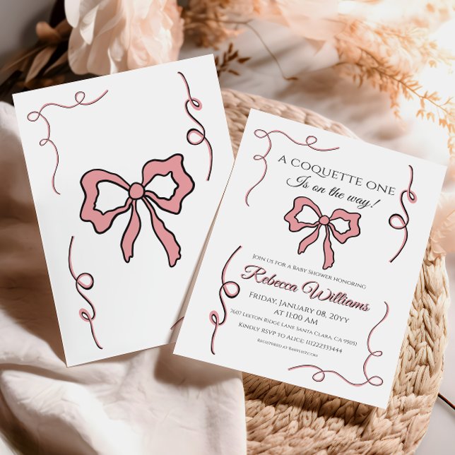 Retro Hand gezeichnete Coquette Pink Bow Baby Dusc Einladung (Von Creator hochgeladen)