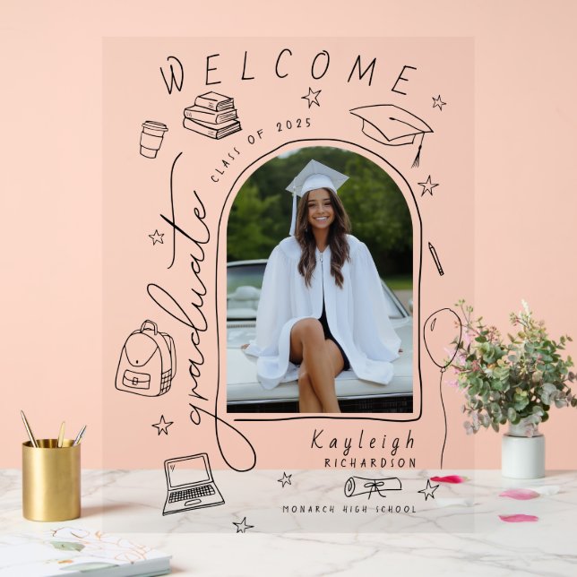 Retro Hand gezeichnetes Foto Abschluss Willkommen Acrylschild (Hochzeit)