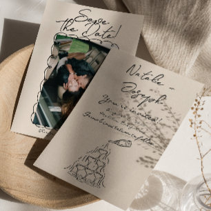 Retro Hand Writed Gezeichnet Champagner Foto Weddi Save The Date