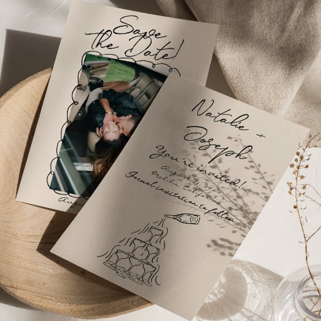 Retro Hand Writed Gezeichnet Champagner Foto Weddi Save The Date (Von Creator hochgeladen)