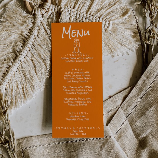 Retro Hand Written Drawn Orange Quirky Fun Wedding Menükarte (Von Creator hochgeladen)