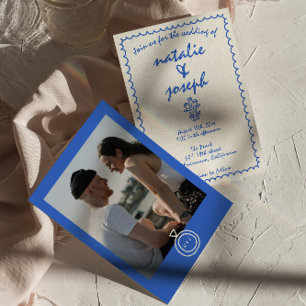 Retro Handgeschriebene Französische Foto-Hochzeit  Einladung