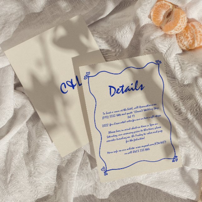 Retro handgeschriebene Whimsical Blue Wedding Deta Begleitkarte (Von Creator hochgeladen)