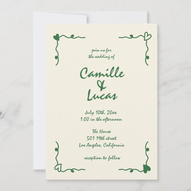 Retro Handgeschriebene Whimsical Green Wedding Einladung (Vorderseite)