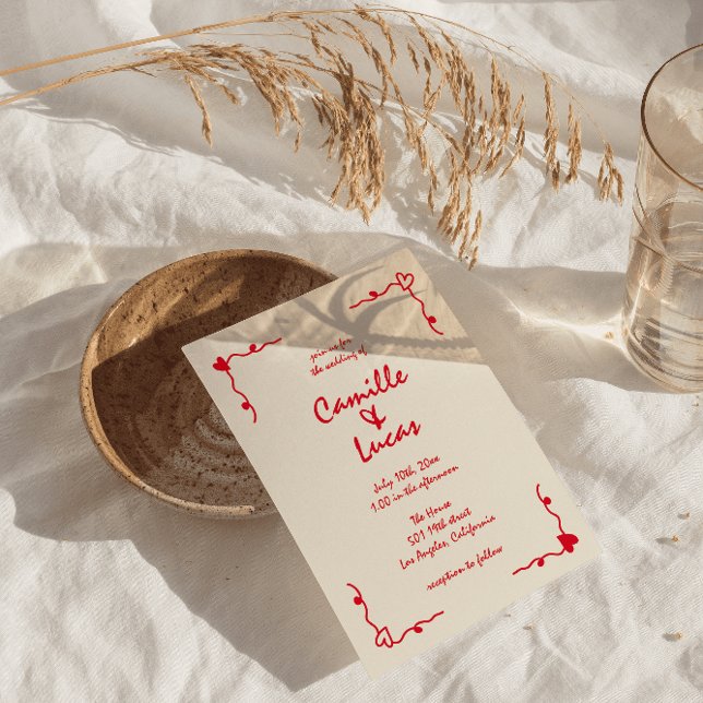 Retro Handgeschriebene Whimsical Red Wedding Einladung (Von Creator hochgeladen)