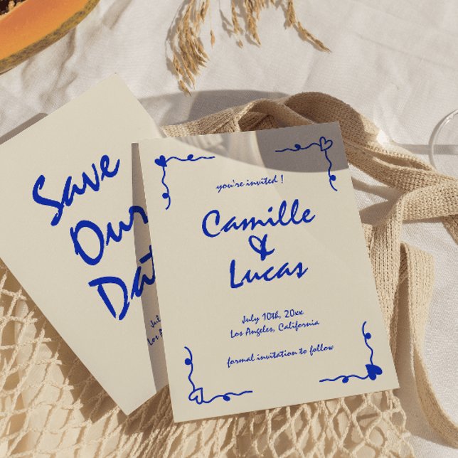 Retro Handgeschriebenes whimsical Blue Speichern S Einladung (Von Creator hochgeladen)