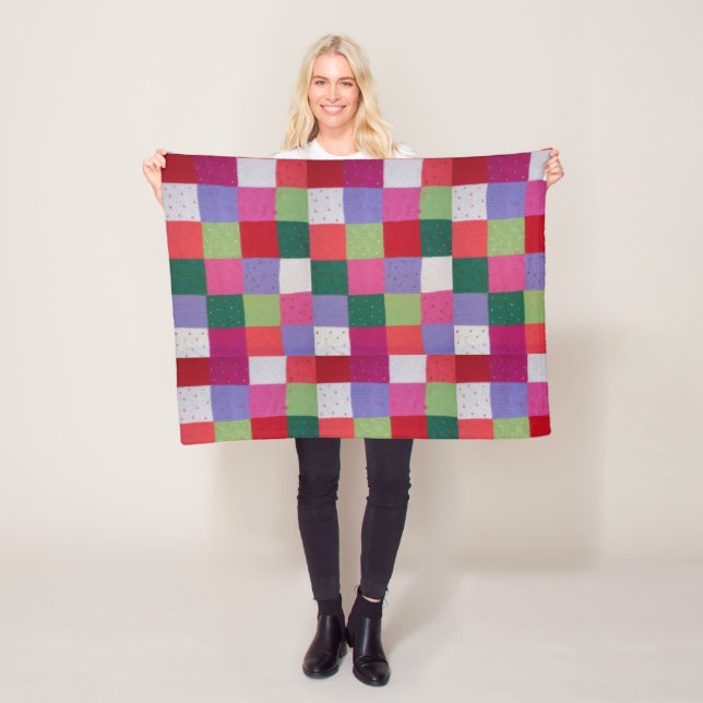 Retro handgestrickte bunte Patchwork-Quadrate Fleecedecke (Beispiel)