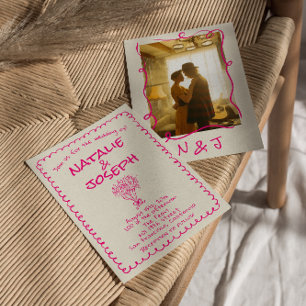 Retro Handgezeichnete Lebendige Pinke Moderne Foto Einladung