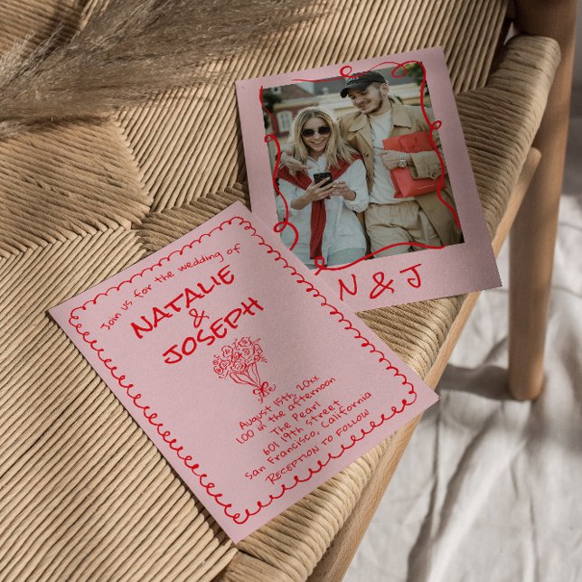 Retro-Handgezeichnete rosa rote funky Hochzeit Einladung (Von Creator hochgeladen)