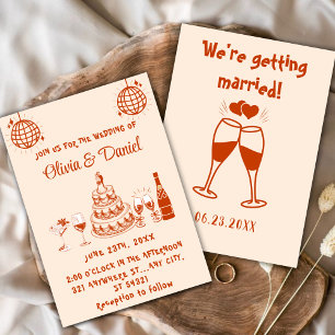Retro Handgezeichnete Rote Hochzeitstorte Moderne Einladung