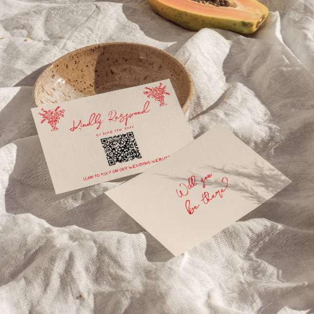Retro handgezeichneter roter einzigartiger QR-Code RSVP Karte (Von Creator hochgeladen)
