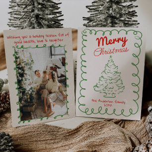 Retro handgezeichneter roter grüner vintage Weihna Feiertagskarte