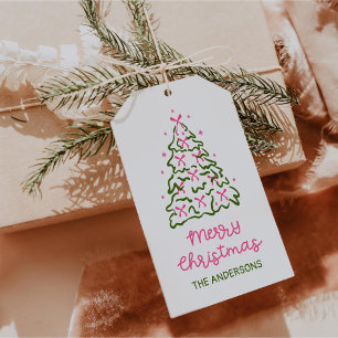 Retro handgezeichneter Weihnachtsbaum-Feierparty Geschenkanhänger