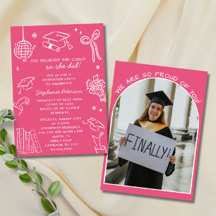 Retro Handgezeichnetes Rosa Kritzel-Foto Abschluss Einladung