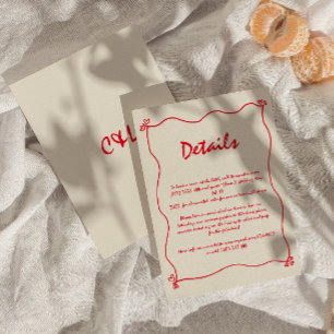 Retro-Handschrift-Whimsical-Rot-Hochzeitsdetail Begleitkarte