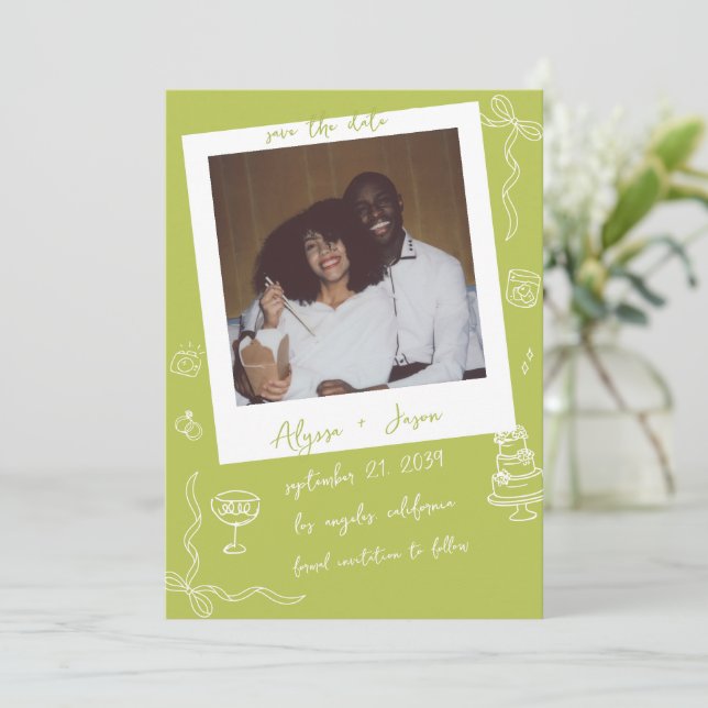 Retro Handwritten Hand Drawn Chartreuse Wedding Save The Date (Stehend Vorderseite)