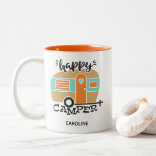 Retro Happy Camper Coral Teal Name Kaffeetasse