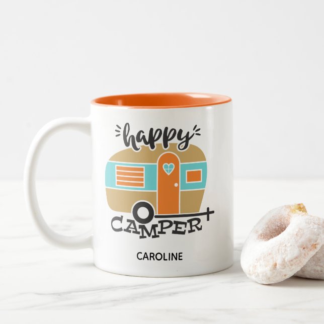 Retro Happy Camper Corner Aquamariner Name Kaffee  Zweifarbige Tasse (Mit Donut)
