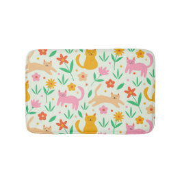 Retro Happy Cats with Orange Red and peach flowers Badematte