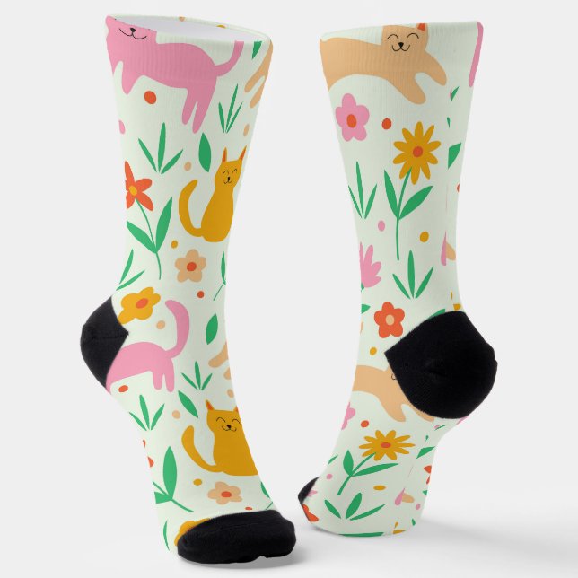 Retro Happy Cats with Orange Red and peach flowers Socken (Gewinkelt)