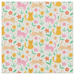 Retro Happy Cats with Orange Red and peach flowers Stoff