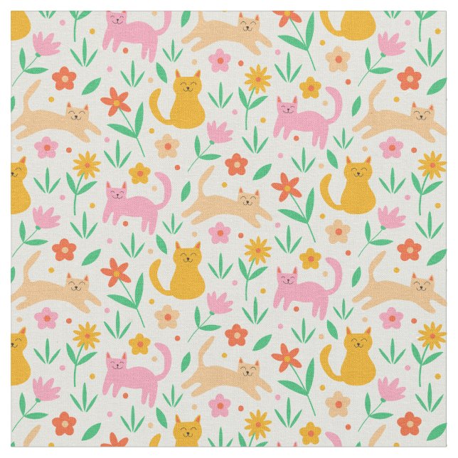 Retro Happy Cats with Orange Red and peach flowers Stoff (Nahaufnahme)