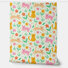 Retro Happy Cats with Orange Red and peach flowers Tapete