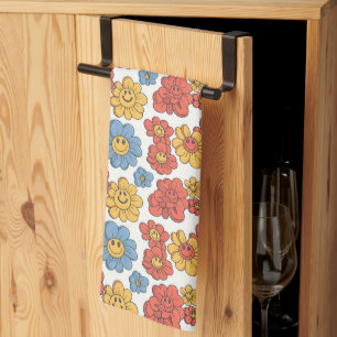 Retro Happy Face Blumen Geschirrtuch