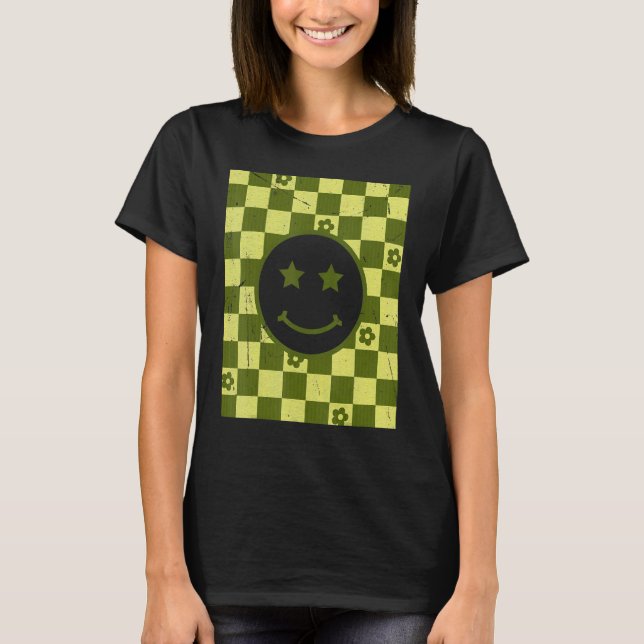 Retro Happy Face Checkered Pattern 1 T-Shirt (Vorderseite)