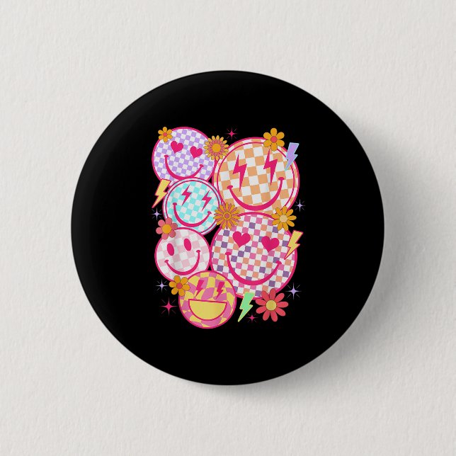 Retro Happy Face Checkered Pattern Smile Face Tren Button (Vorderseite)