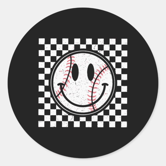 Retro Happy Face Game Day Baseball Pattern Smile F Runder Aufkleber (Vorderseite)